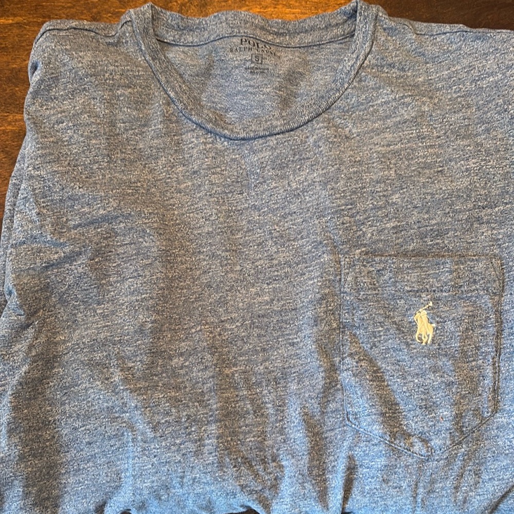Like new Ralph Lauren POLO long sleeve shirt. Heathered blue color. Lightweight